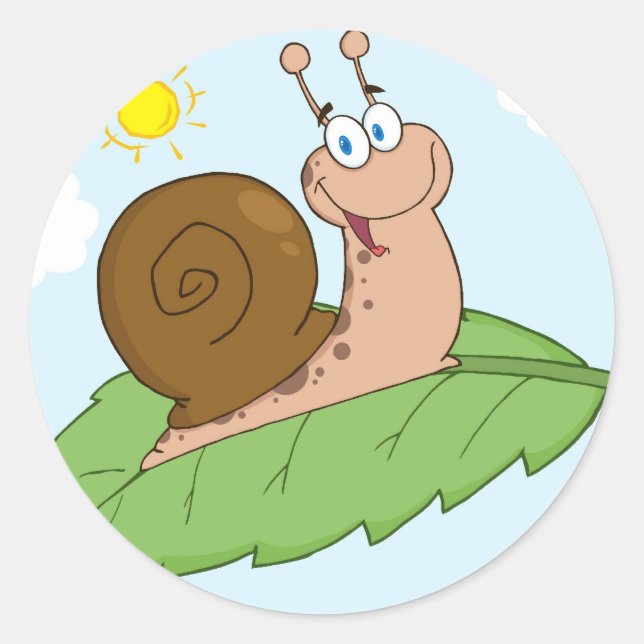 Smiling Super Snail on His Leaf Classic Round Sticker (Front)