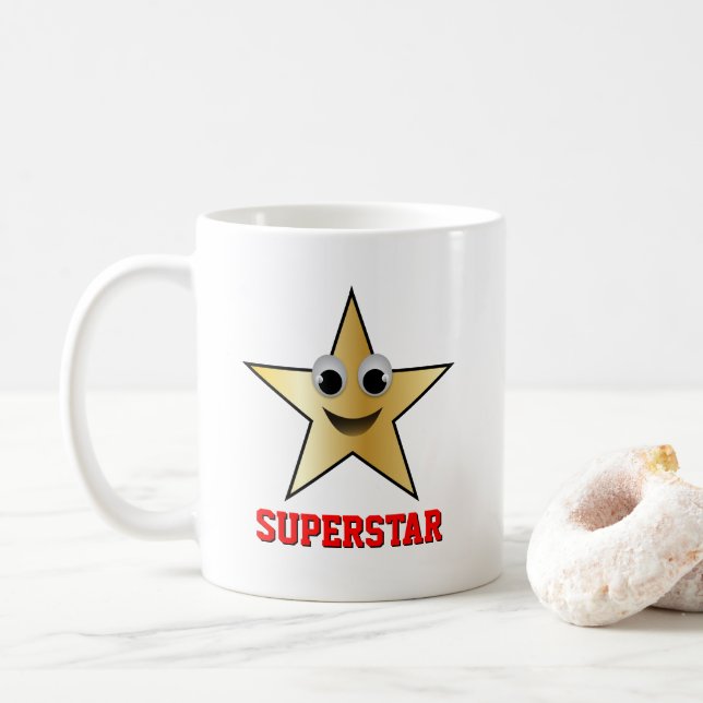 Smiling Superstar Character Gold Color Star Coffee Mug (With Donut)