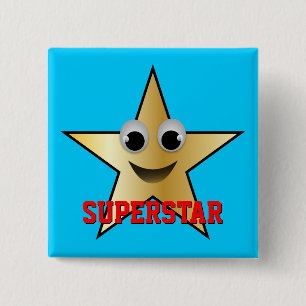Smiling Superstar Character Gold Colored Button