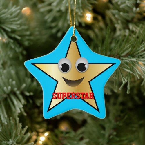 Smiling Superstar Character Gold Colored Ceramic Ornament