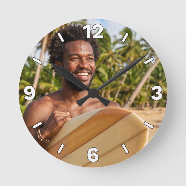 Smiling Surfer Beach Vacation Decor Round Clock (Front)