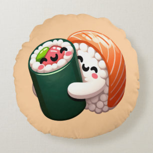 Smiling Sushi Hug Art for Food Lovers Round Pillow