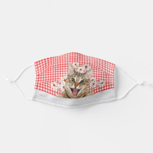 smiling tabby cat with daisies adult cloth face mask