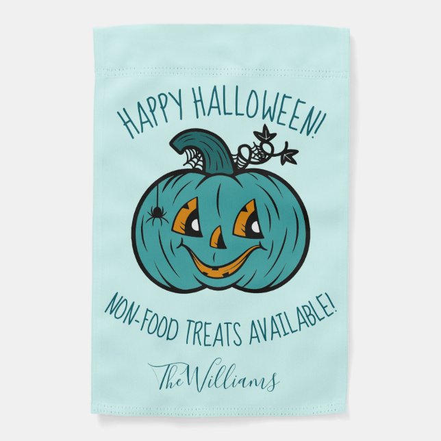Smiling Teal Pumpkin Happy Halloween  Garden Flag (Front)