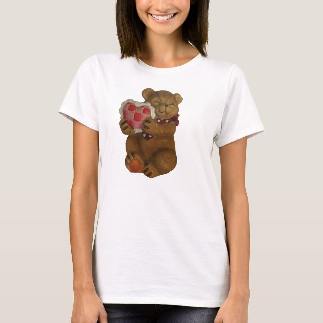 Smiling Teddy Bear Holding Stitched Heart Pillow T-Shirt (Front)