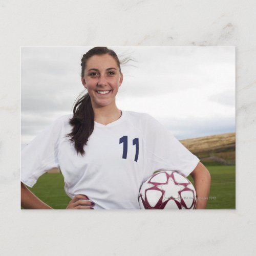 smiling teen girl soccer player w soccer ball postcard