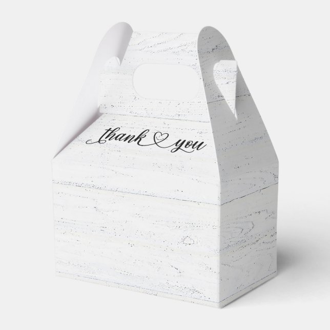 Smiling Thank You Heart On Whitewashed Wood Favor Boxes (Front Side)