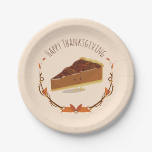 Smiling Thanksgiving Pecan Pie Slice Tan Brown Paper Plates