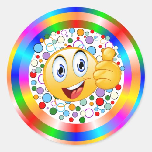 Smiling Thumbs up Emoji and Rainbow Circles Classic Round Sticker