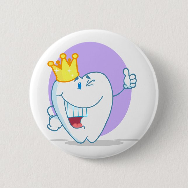 Smiling Tooth Cartoon Character With Golden Crown Button (Front)