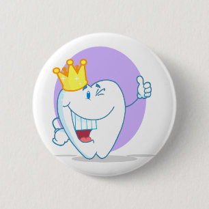 Smiling Tooth Cartoon Character With Golden Crown Button