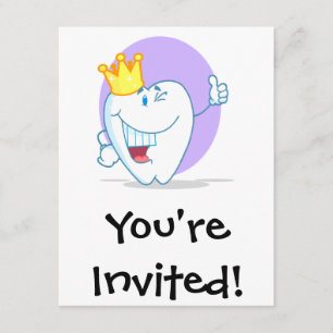 Smiling Tooth Cartoon Character With Golden Crown Invitation