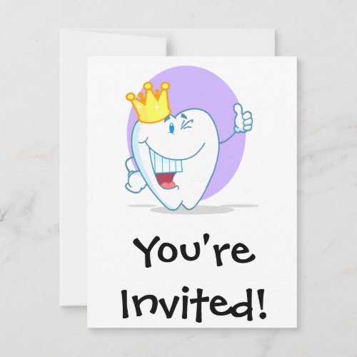 Smiling Tooth Cartoon Character With Golden Crown Invites