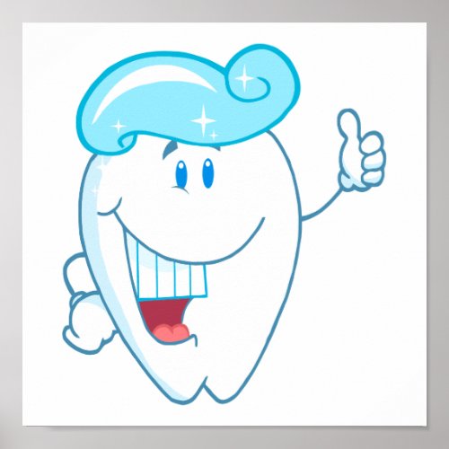 Smiling Tooth Cartoon Character With Toothpaste On Poster