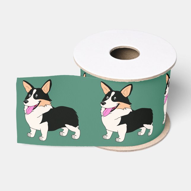 Smiling Tricolor Corgi Cartoon Grosgrain Ribbon (Spool)