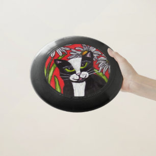 Smiling Tuxedo Cat White Daisy Flowers Red Wham-O Frisbee