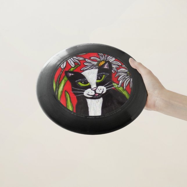 Smiling Tuxedo Cat White Daisy Flowers Red Wham-O Frisbee (In Hand)