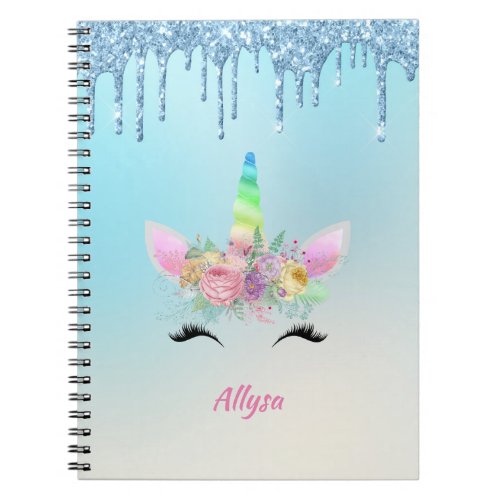 Smiling Unicorn Horn and Eyelashes with Flowers Notebook