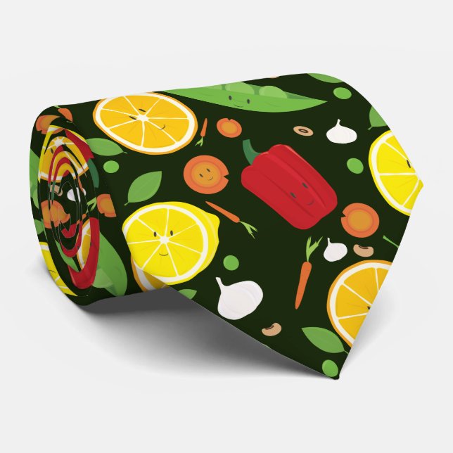 Smiling Vegetable Fruit Dark Green Novelty Pattern Neck Tie (Rolled)