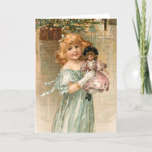 Smiling Victorian Girl with Doll at Christmas Ball Holiday Card
