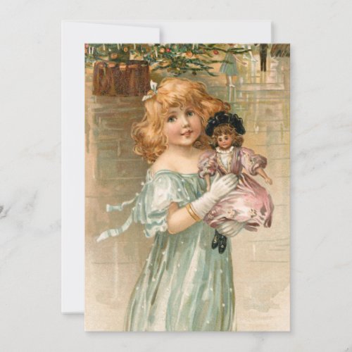 Smiling Victorian Girl with Doll at Christmas Ball Holiday Card