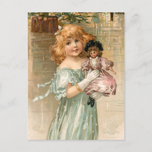 Smiling Victorian Girl with Doll at Christmas Ball Holiday Postcard