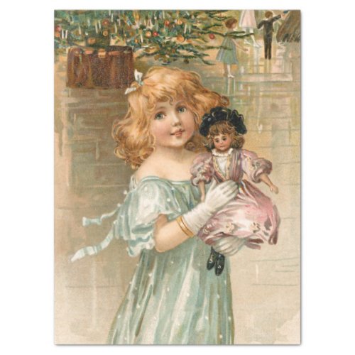 Smiling Victorian Girl with Doll at Christmas Ball Tissue Paper