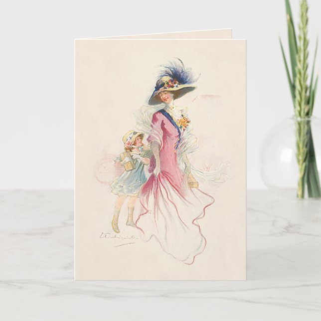 Smiling Victorian Mother and Daughter Holiday Card (Front)