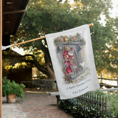 Smiling Vintage Santa in Hearth with Presents House Flag