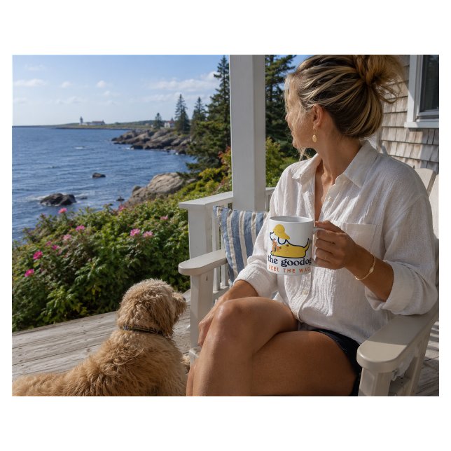 Smiling Wagging Dog in Yellow Slicker with Lobster Coffee Mug (Creator Uploaded)