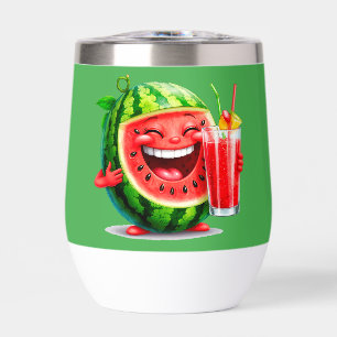 Smiling Watermelon Character Enjoying Thermal Wine Tumbler