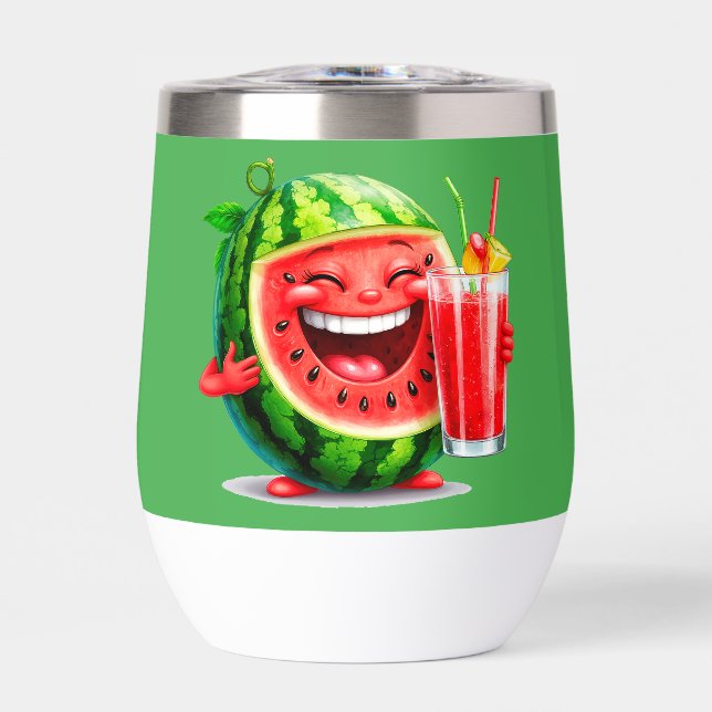 Smiling Watermelon Character Enjoying Thermal Wine Tumbler (Front)