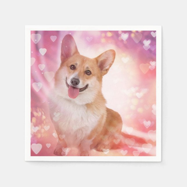 Smiling Welsh Corgi with Hearts Paper Napkins (Front)