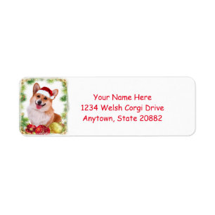 Smiling Welsh Corgi with Santa Hat Label