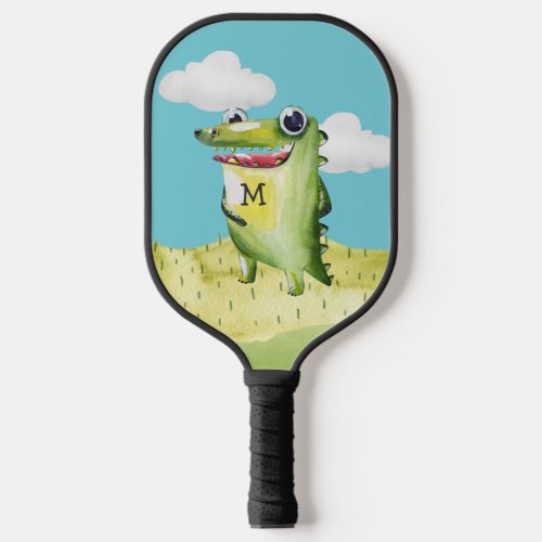 Smiling Whimsical Gator with Your Monogram Initial Pickleball Paddle