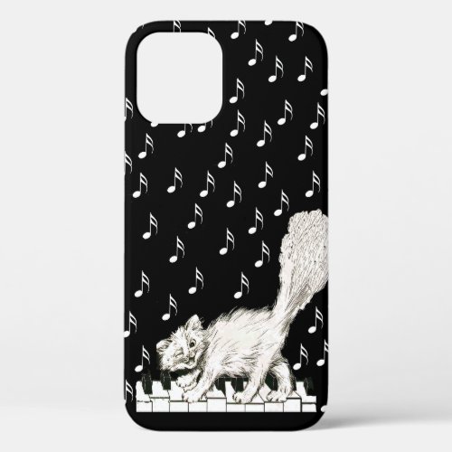 Smiling White Cat Fluffy Tail on Piano Keys iPhone 12 Case