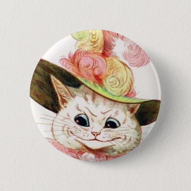 Smiling White Cat With Hat Pinback Button (Front)