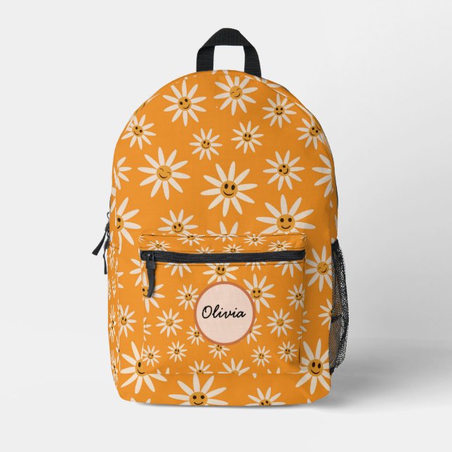 Smiling White Flowers on Orange Custom name  Printed Backpack (Front)