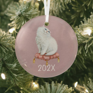 Smiling White Kitty Keepsake Customizable Year Glass Ornament