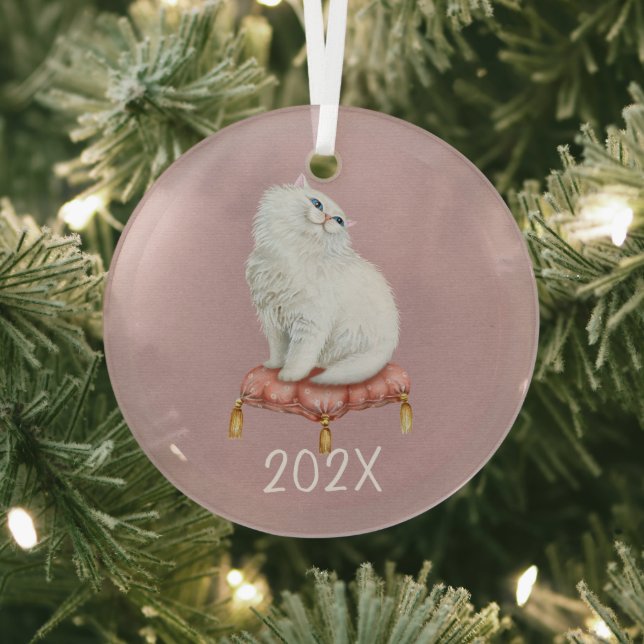 Smiling White Kitty Keepsake Customizable Year  Glass Ornament (Insitu)