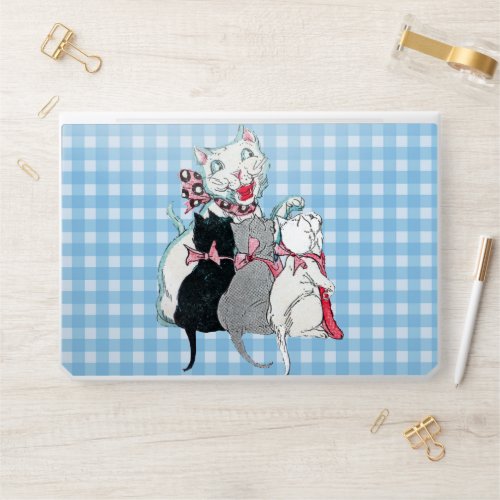 Smiling White Mother Cat Three Kittens Blue Plaid HP Laptop Skin