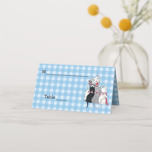 Smiling White Mother Cat Three Kittens on Plaid Place Card