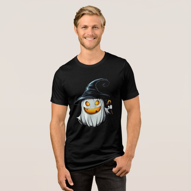 Smiling White Pumpkin Witch Design Tri-Blend Shirt (Front Full)