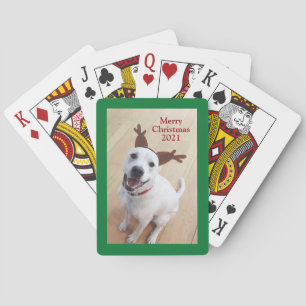 Smiling White Reindeer Puppy Dog Christmas Green Poker Cards