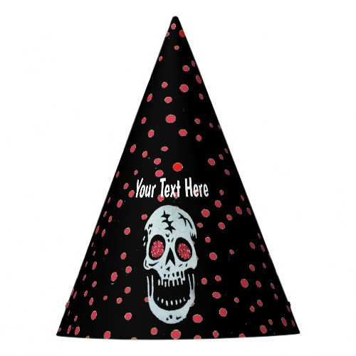 Smiling White Skull Red Glitter Eyes Polka Dots Party Hat