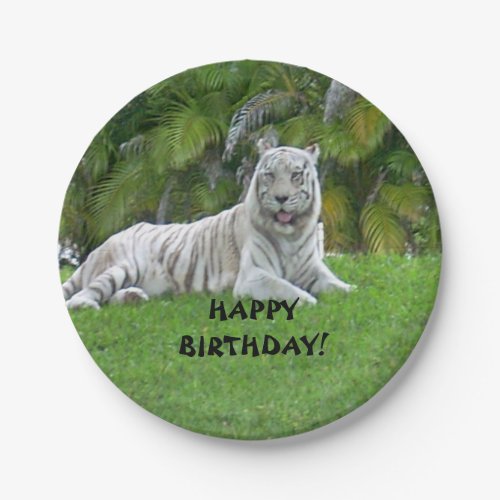 Smiling White Tiger and Palm Trees Paper Plates