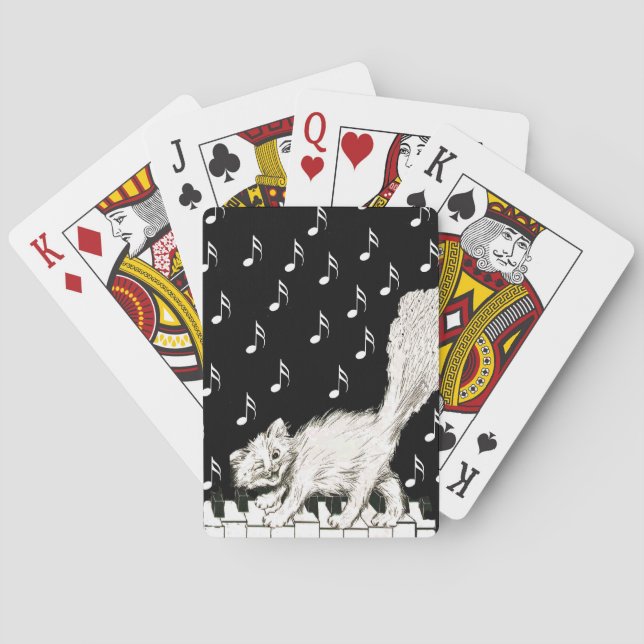 Smiling Winking Fluffy White Cat on Piano Poker Cards (Back)