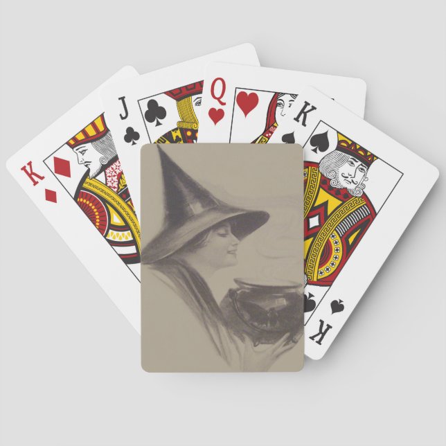 Smiling Witch Cauldron Spell Potion Sepia Poker Cards (Back)