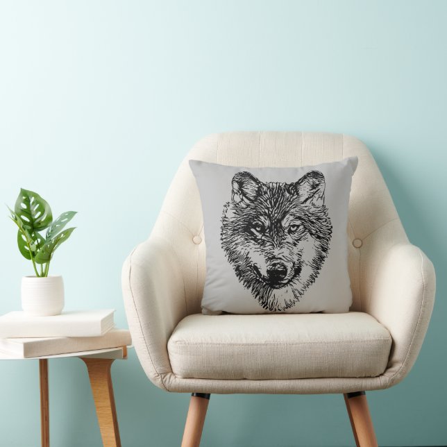 Smiling wolf head - lines silhouette 1 throw pillow (Chair)