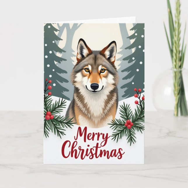 Smiling Wolf Merry Christmas Card Winter Woods (Front)